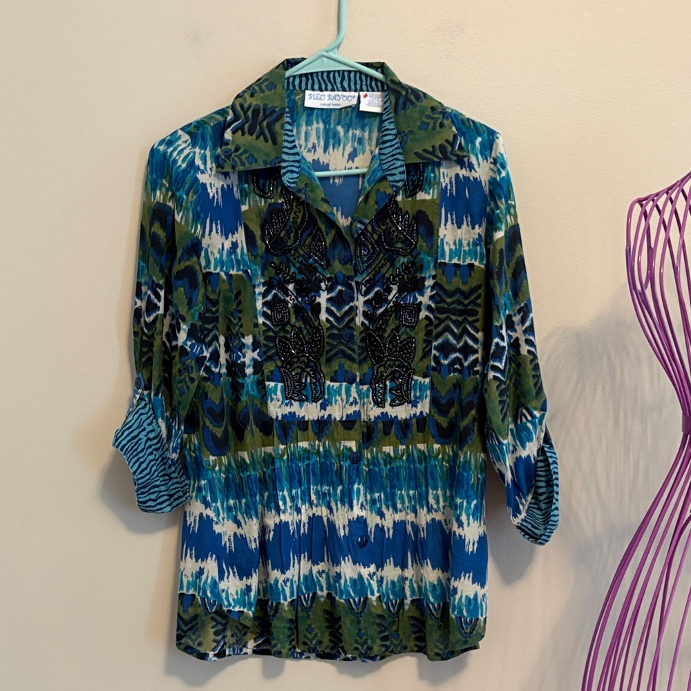 Bleu Bayou Women's Patterned Blouse with Embroidered Beading - Blue and Green